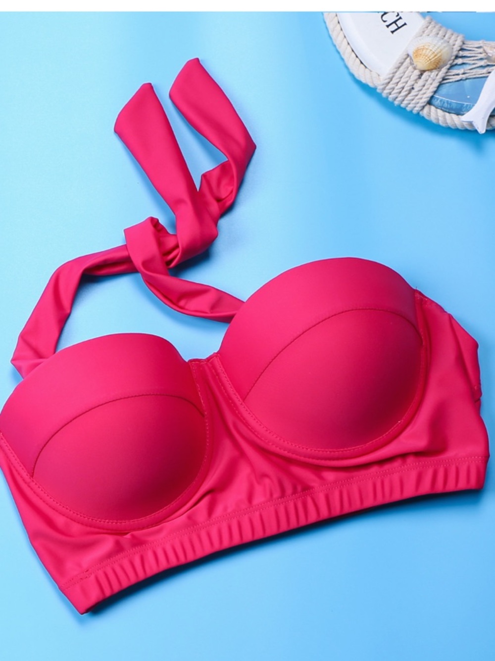 Pink Retro Halter Bikini Top Long Line Push Up Bra Bustier Vintage Style